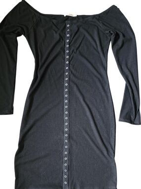 Off-Shoulder Black Long Sleeve Ribbed Button-Front Dress